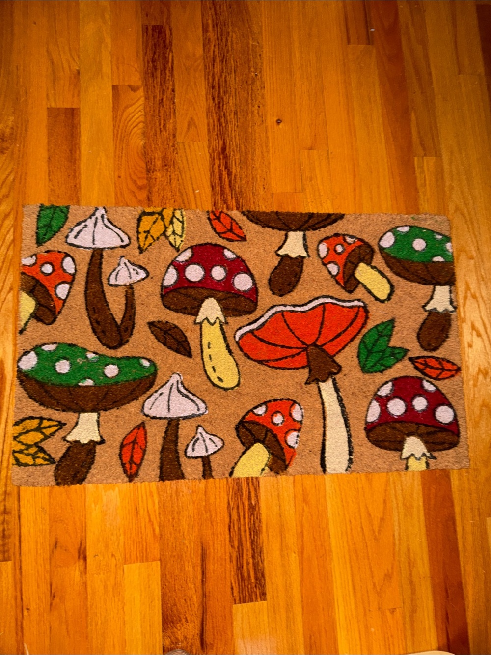 Mushroom Print Doormat - Tan, Red, Green Accents